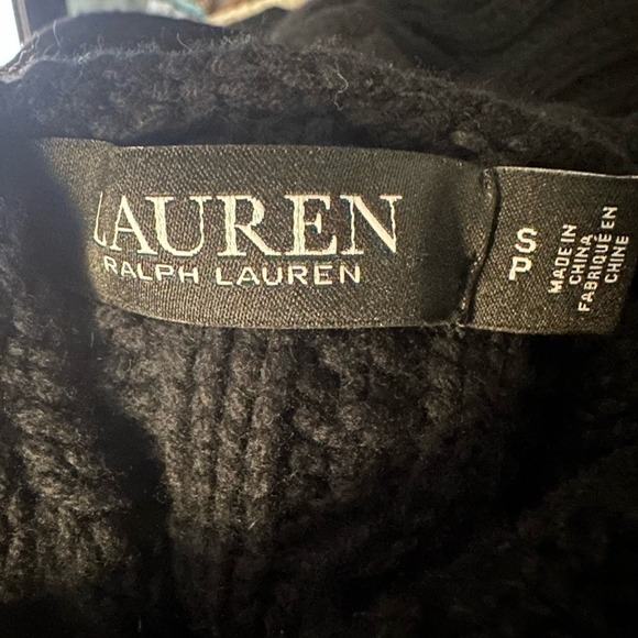 Lauren Ralph Lauren Fringe Trim Aran Knit Turtleneck Sweater Black - Picture 5 of 9